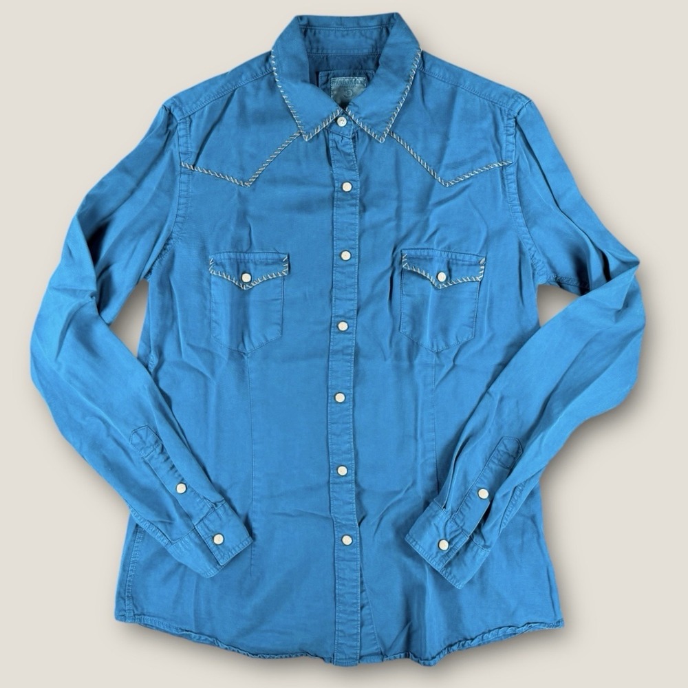 Panhandle Rough Stock Shirt Women Small Blue Tencel Western Snap‎ Cowgirl Rodeo
